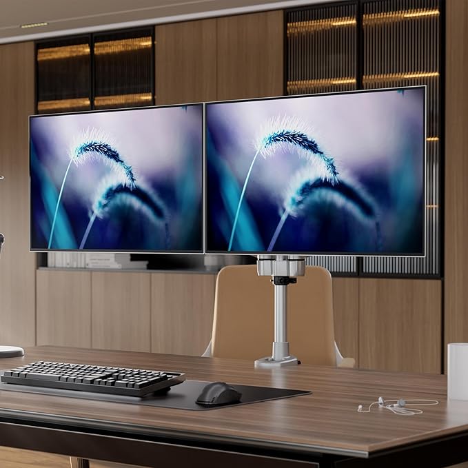 Mount-It! CLiX Dual Monitor Desk Mount Full Motion Arms, TAA-Compliant, Monitor Mounts for 2 Monitors 13-32" up to 19.8 lbs Each, VESA 75 100, C-Clamp Grommet, Premium Aluminum Dual Monitor Arm Silver