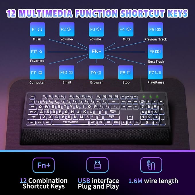 Large Print Keyboard for Seniors,Visually Impaired-High Contrast Black Keys,White Backlit with Cover,Wired USB 104 Full Size-Easy to Read Big Letters for Macular Degeneration Low Vision (No Glare)