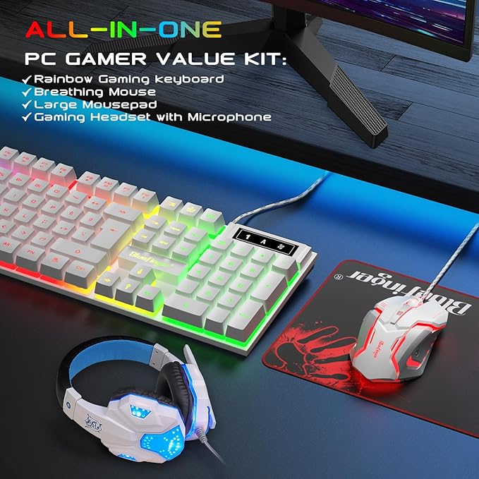 BlueFinger RGB Gaming Keyboard and Backlit Mouse and Headset Combo, USB Wired Backlit Keyboard, LED Gaming Mouse Set, Headset with Microphone for Laptop PC Computer Game and Work, White