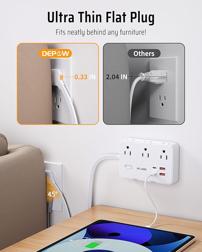 Surge Protector Power Strip with Flat Plug, 3 FT Extension Cord with 6 AC Outlets 4 USB Ports,1050J Surge Protection, Wall Mountable Charging Station for Office, Home, White
