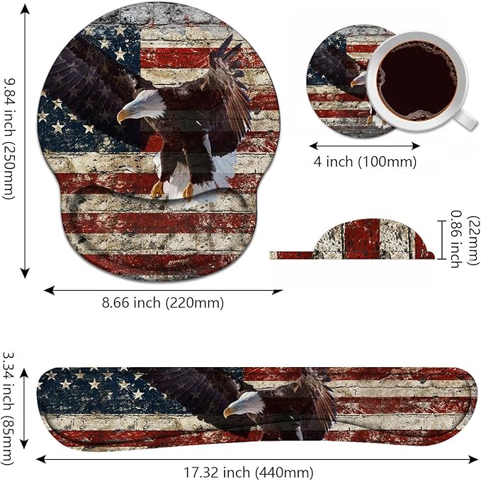 Keyboard Wrist Rest and Mouse Pad Wrist Support Set with Coasters, Non-Slip PU Base, Easy Typing and Relieve Wrist Pain, Perfect for Home Office Working Studying, Military Wall Graffiti USA Flag Eagle