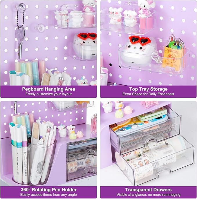 Comix Desk Organizer with 2 Drawer, Multifunctional Pen Holder for Desk, Desktop Organizer with Pegboard + Drawer + 5 Slots Pencil Holder for Office Home Art Supplies (Purple)