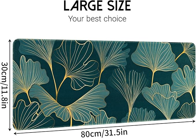 Spring Desk Mat,Large Gaming Mouse Pad for Desk,Non-Slip Rubber Base Desktop Protector Mat,Gold Line Leaves Mouse Pad for Keyboard, Laptop & Computer, 31.5 x 11.8 Inch