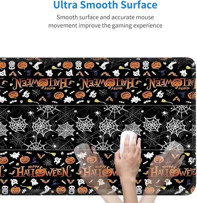 Halloween Themed Mouse Pad, Skeleton Ghost Pumpkin Head Pattern Large Gaming Desk Mat with Sewn Edges, Micro-Woven Fabric for Office and Home, 31.5x11.8in