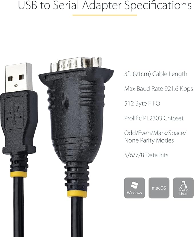 StarTech.com 3ft (1m) USB to Serial Cable, DB9 Male RS232 to USB Converter, Prolific IC, USB to Serial Adapter for PLC/Printer/Scanner/Switch, USB to COM Port Adapter, Windows/Mac (1P3FP-USB-SERIAL)