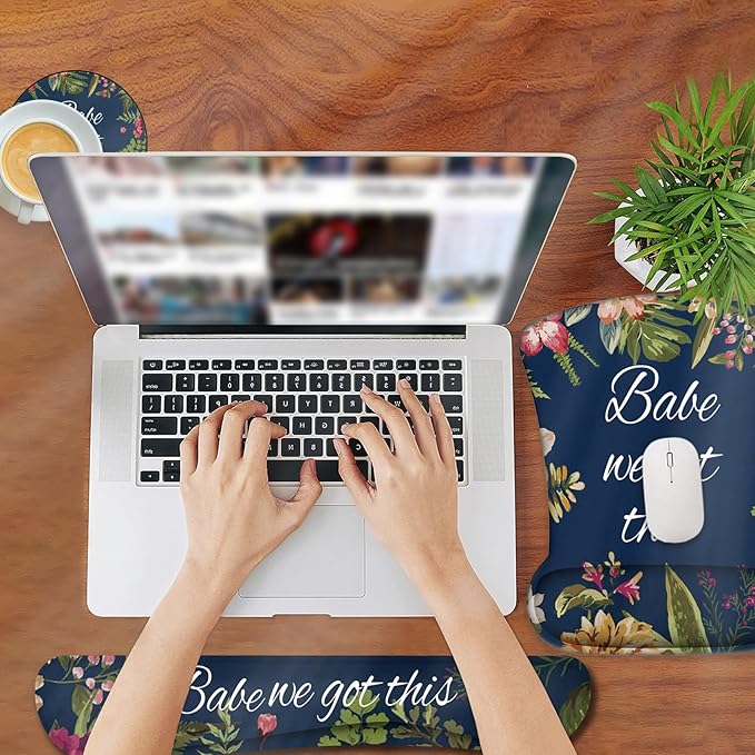 Ergonomic Mouse Pad, Mouse Wrist Rest Pad + Keyboard Wrist Rest Pad + Coaster, Made of Memory Foam, Easy to Use and Relieve Wrist Pain, Computer, Games, Office, Home - Babe We Got This