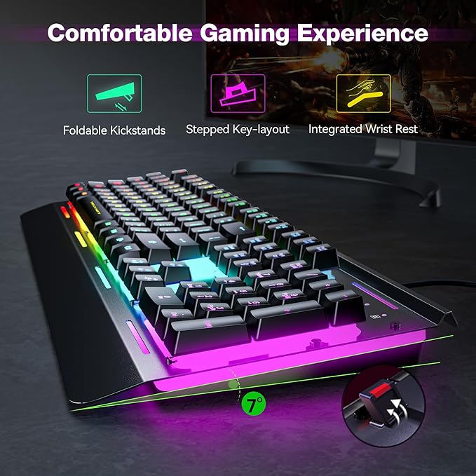 TECKNET Gaming Keyboard, 15-Zone RGB Illumination, All-Metal Panel Keyboard, IP32 Waterproof, 25 Anti-Ghosting, Quiet Typing, USB Wired Ergonomic Keyboard for Windows XP/Vista/7/8/10/11