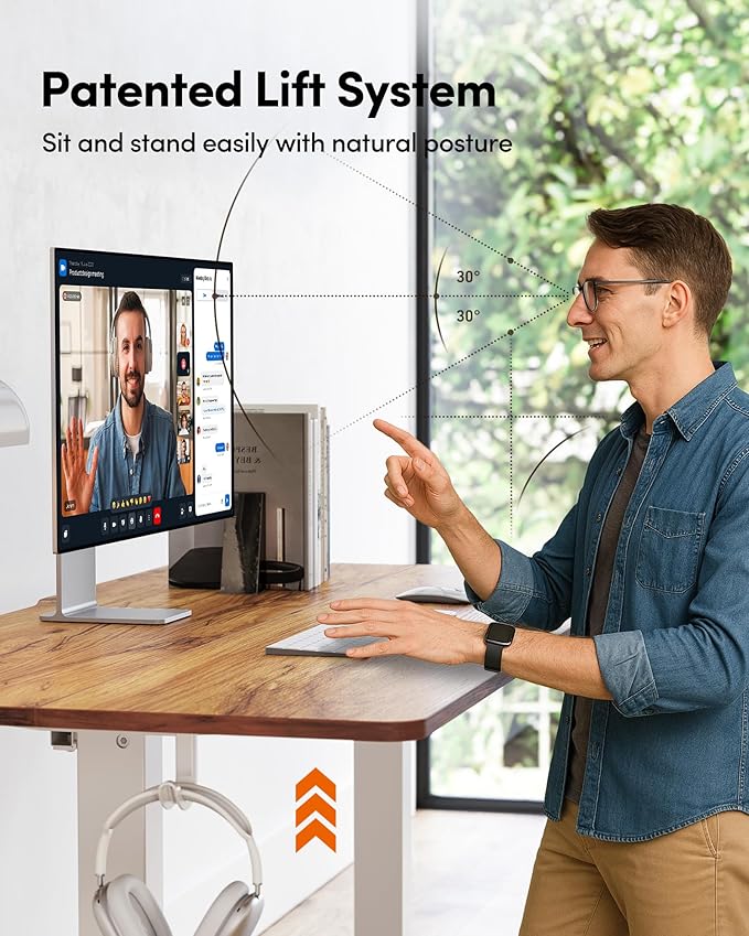 FEZIBO Standing Desk, 63×28 Inches Electric Height Adjustable, Sit Stand Up, Computer Office Desk with Splice Board, White Frame/Light Rustic TOP