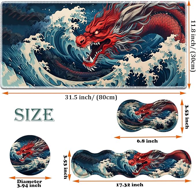 Large Gaming Mouse Pad + Keyboard Wrist Rest + Wrist Support + Coaster Set, Memory Foam Ergonomic for Easy Typing, XXL Extended Gaming Mouse Pad Table Pad - Sea Wave Red Dragon