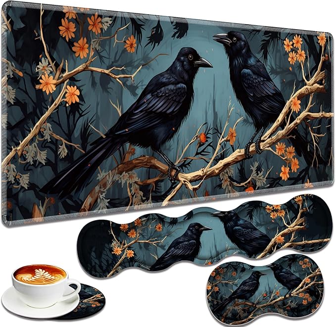 Large Gaming Mouse Pad + Keyboard Wrist Rest + Wrist Support + Coaster Set, Memory Foam Ergonomic for Easy Typing, XXL Extended Gaming Mouse Pad Table Pad - Branch Crow