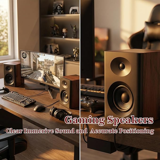 Computer Speakers for Desktop PC, 4 inches 80 Watts Computer Speaker with Bass, HiFi Audio for Gaming, Monitors, Laptop, TV, Gaming & Record Player, Gifts, Walnut Pair