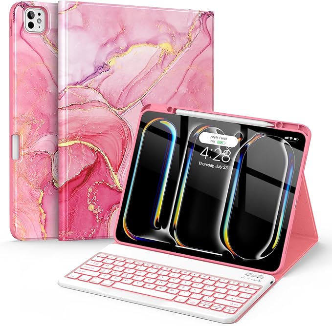 Soke Keyboard Case for iPad Pro 13 Inch (M5 2025/M4 2024), 7-Color Backlit Detachable Bluetooth Keyboard, Folio Stand TPU Back Cover with Pencil Holder for iPad Pro 13", Red Marble