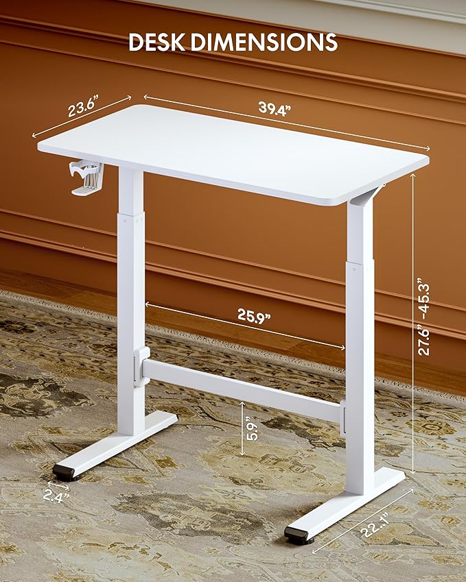 FLEXISPOT H7 Plus Gas Spring Adjustable Standing Desk, Mobile Rolling Sit-Stand Workstation with Whee, Cordless Stand Up Desk for Small Room & Home Office, 40" One-Piece Desktop White,height 27.6"–45"