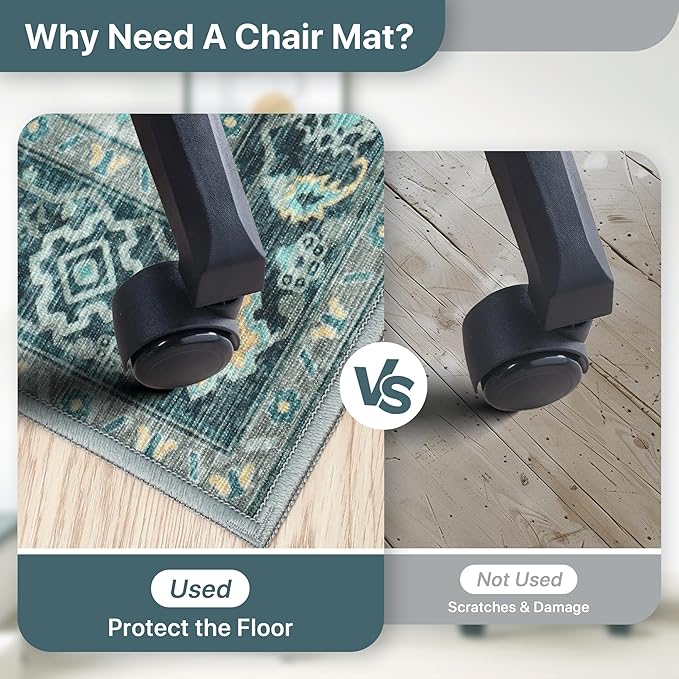 36"x48" Office Chair Mat for Hardwood Tile Floor, Under Desk Carpet Protector for Rolling Computer Chair Mat, Machine Washable Area Rug, Anti-Slip 1/5" Thick Low Pile Thin Vinyl Floor Mat, Turquoise