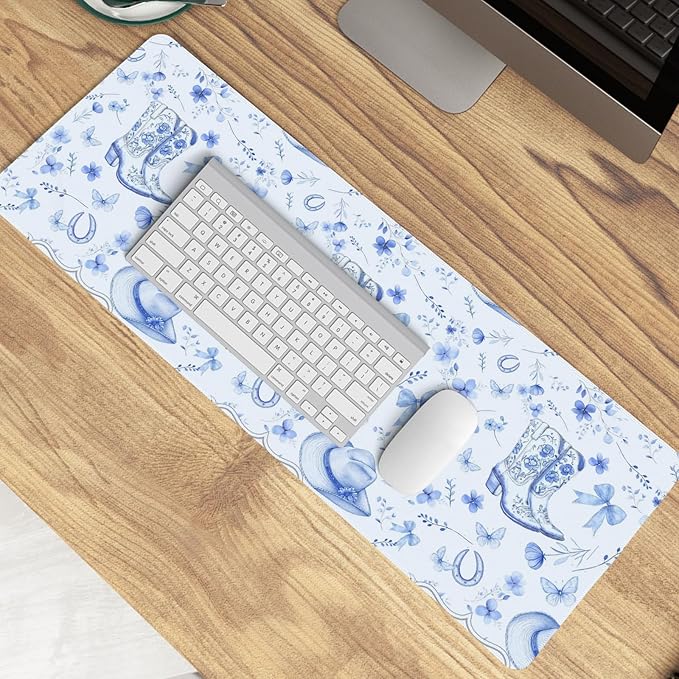 Light Blue Western Desk Mat,Cowgirl Mouse Pad,Blue And White Floral Large Mouse Pad,Western Desk Accessories for Dorm Office Decor, 31.5x11.8 Inch