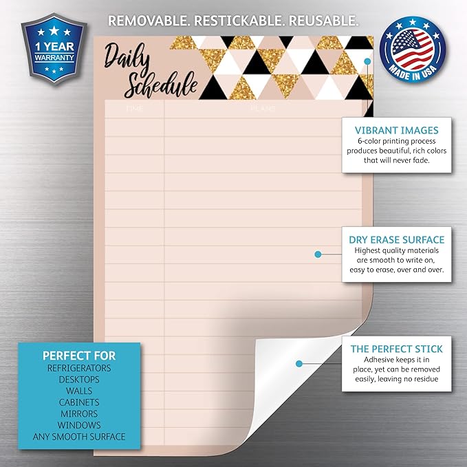 Dry Erase Daily Schedule Planner Sticker Decal by Glassboard Studio | Removable & Reusable | Magnetic Fine-Tip Marker Included (6 x 9 inches, Rose & Gold)