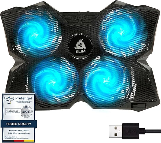 KLIM Wind Laptop Cooling Pad - More Than 500 000 Units Sold - New Version - The Most Powerful Rapid Action Cooling Fan - Laptop Stand with 4 Cooling Fans at 1200 RPM - USB Fan - PS5 PS4 - Cyan
