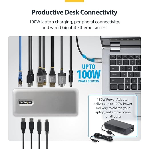 StarTech.com USB-C Docking Station Triple 4K 60Hz Displays, 100W Power Delivery, 6 USB Ports (10Gbps), Gigabit Ethernet, DisplayPort + HDMI, Driverless Windows Laptop Dock (199N-USBC-DOCK)