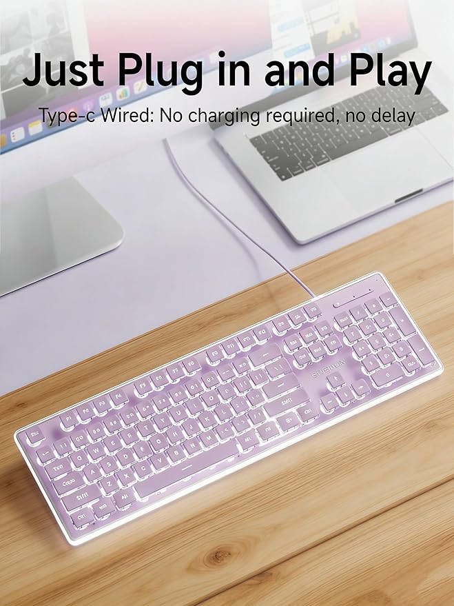 EWEADN GX710S Backlit Computer Keyboards, Wired USB Keyboard with White Backlit, Metal Panel, Plug and Play, Pudding Keycaps Full Size Quite Computer Keyboard for Win/PC/Laptop-Purple