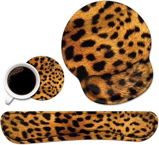 Keyboard Wrist Rest and Mouse Wrist Rest Pad Set with Coasters, Ergonomic Support, Non-Slip PU Base, Easy Typing and Relieve Wrist Pain, Perfect for Home Office Working Studying, Leopard Print