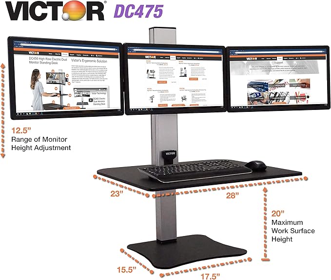 Victor DC475 High Rise Electric Triple Monitor Standing Desk Converter | Three Large Monitor Sit-Stand Desk | 28” Wide Work Surface | Compatible with Any Standard Desk | Adjustable Monitor Holder
