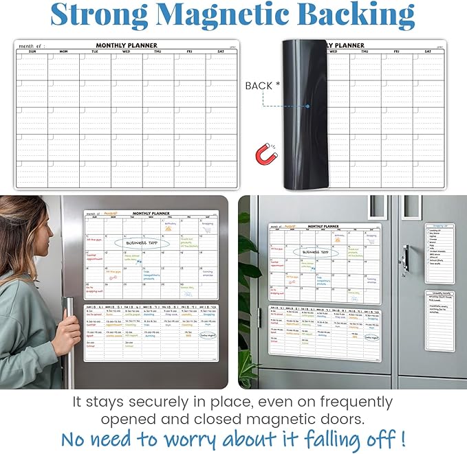 JJPRO Magnetic Dry Erase Calendar for Refrigerator-Reusable Monthly Calendar,Weekly Planner&to Do List for Fridge-Magnetic Monthly,Weekly Planner&List 2pcs-Starts Sunday-16.5x11"