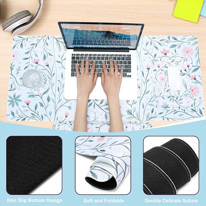 MEGREZ 4-in-1 Ergonomic Memory Foam Wrist Rest Set, Desk Pad, Mouse Pad with Wrist Rest, Keyboard Pad, Suitable for Office Workers, Programmers & Gamers–Relieve Typing & Gaming Fatigue, White Flower