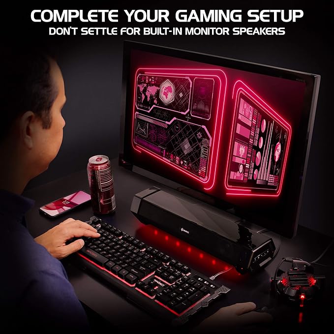 ENHANCE Gaming Attack Sound Bar PC Speaker - Under Monitor Soundbar Computer Speaker with Loud 40W Hi-Fi Audio, 3 LED Color Modes, and Dual Inputs for PC, Laptop, or Phone AUX