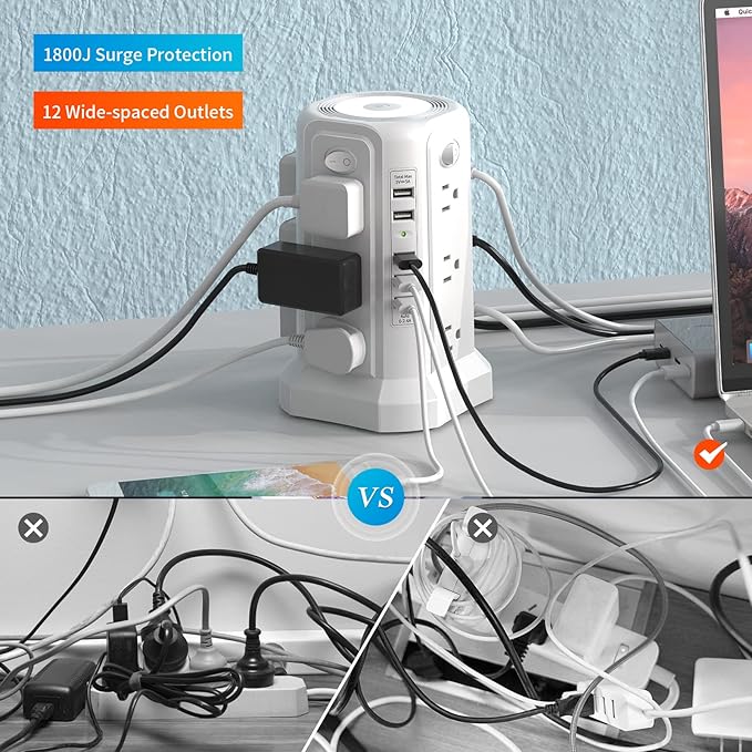 Surge Protector Power Strip Tower with 5 USB Ports and Night Light, 10FT Extension Cord with 12 AC Multiple Outlets, PASSUS Power Tower, Overload Protection for Home Office Dorm Room (White)
