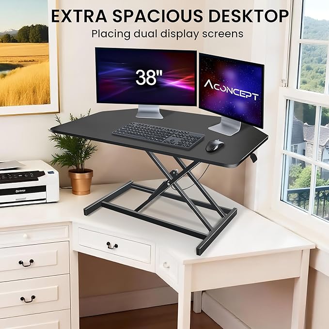 Aconcept 38 inch Black Corner Height Adjustable Standing Desk Converter, One-Click Sit to Stand up Desk Riser, Pre-Assembled for Dual Monitor and Laptop Workstation