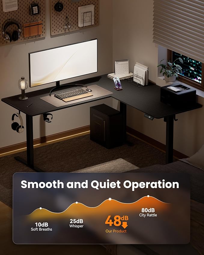 63 Inches Reversible L Shaped Standing Desk for Home Office, Electric Height Adjustable Corner Computer Desk, Sit Stand up Table with Cup Holder, Ergonomic Gaming Desk, Black