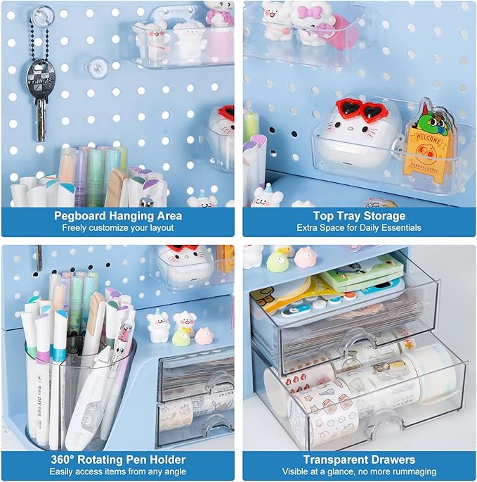 Comix Desk Organizer with 2 Drawer, Multifunctional Pen Holder for Desk, Desktop Organizer with Pegboard + Drawer + 5 Slots Pencil Holder for Office Home Art Supplies (Blue)