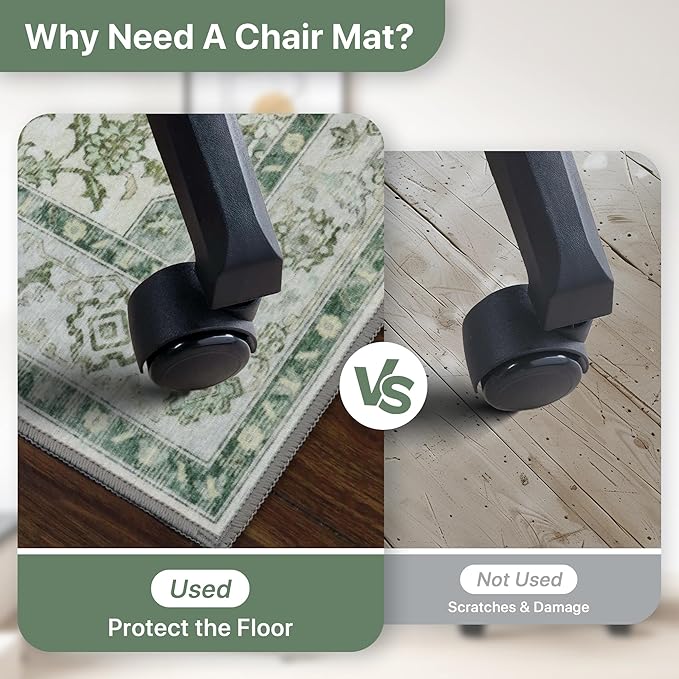 30"x48" Office Chair Mat for Hardwood Tile Floor, Under Desk Carpet Protector for Rolling Computer Chair Mat, Machine Washable Area Rug, Anti-Slip 1/5" Thick Low Pile Thin Vinyl Floor Mat, Green