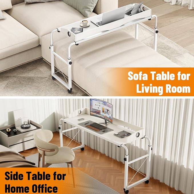 BYMECOST Laptop Desk for Bed, Adjustable Height & Length Laptop Bed Table,Overbed Table with Wheels for Queen Size Beds,Rolling Standing Desk,Over Bed Desk for Working Reading Eating (White)