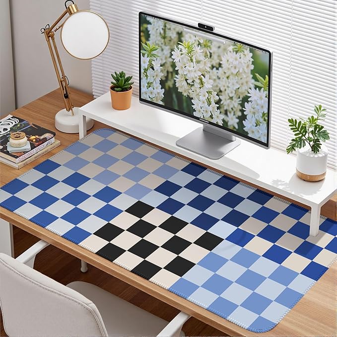 Checkered Desk Mat Blue Large Mouse Pad with Stitched Edges, XXL Keyboard Pad Mouse Mat for Computer Deor Desk Matt for Desktop 31.5 X 15.7In