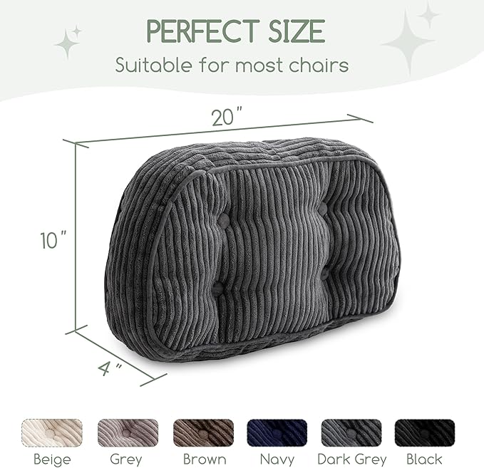 HIGOGOGO Lumbar Support Pillow for Recliner Chair/Accent Chair/Couch/Office Chair, Tufted Corduroy Back Support Cushion for Elderly, Recliner Cushions for Back Rest, Pain Relief, Reading, Dark Grey