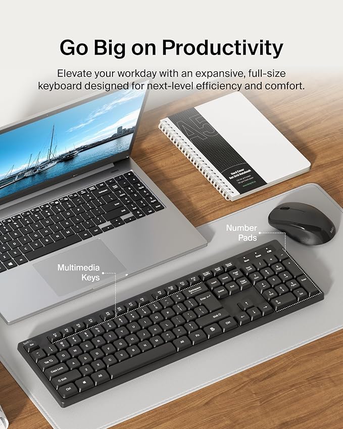 Belkin Wireless Keyboard and Mouse with USB-A Receiver - Keyboard Set w/Wireless Mouse, Ergonomic Design for Home, Office, Desk, Compatible with Laptop, PC, Windows - Batteries Included - Black