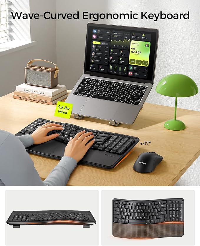 seenda Bluetooth Ergonomic Keyboard and Mouse, COE310 3 Multi-Device Connectivity, Rechargeable Wave Wireless Keyboard Mouse Combo, Compatible for Windows/macOS/PC/Laptop/MacBook/iPad - Black