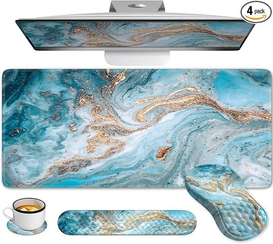 Desk Mat for Keyboard and Mouse, Large Mouse Pad with Wrist Rest and Keyboard Pad, 4PCS Carpal Tunnel Keyboard Wrist Support, Computer Mousepad for Laptop, Teal Blue Turquoise Marble