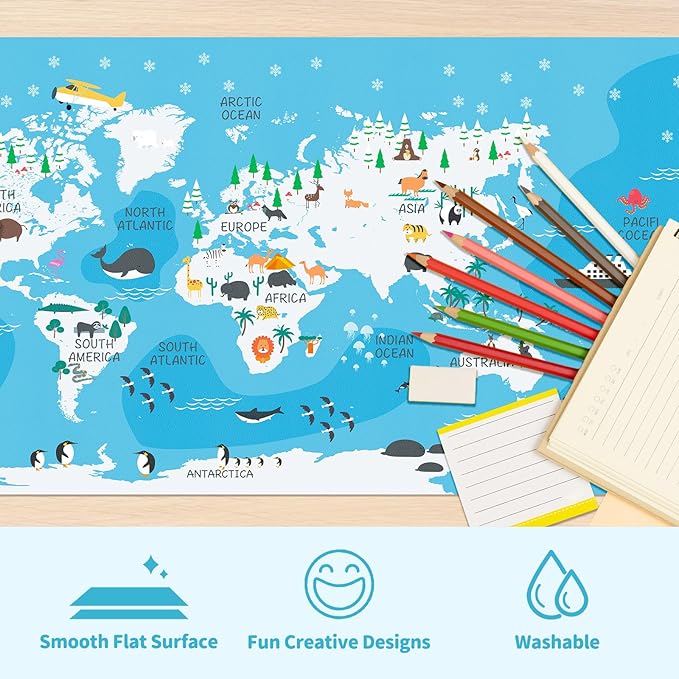 Kid's Desk Mat Cute Early Education Leather Desk Mat, Kawaii Blue Toddler World Map Waterproof Desk Writing Pad, Large Keyboard and Mouse Mat for Classroom/Kindergarten(31.5" X 15.7")