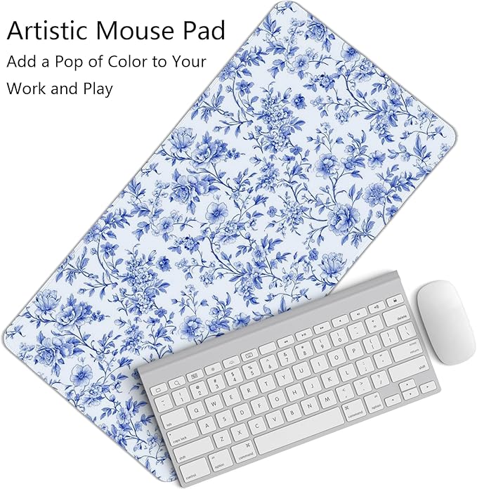 Light Blue Chinoiserie Mouse Pad,Vintage Blue And White Floral Desk Mat,XL Large Vintage Floral Preppy Mouse Pad,Girly Gaming Mousepad,Girly Laptop Desk Mat For Dorm Home Office,23.6x11.8 Inch