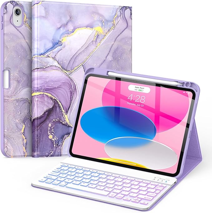 Soke for iPad (A16) 11th/10th Generation Case with Keyboard(2025/2022)-7 Color Backlight Wireless Detachable Folio Keyboard Cover with Built-in Pencil Holder for iPad 11/10.9 inch, Violet Marble
