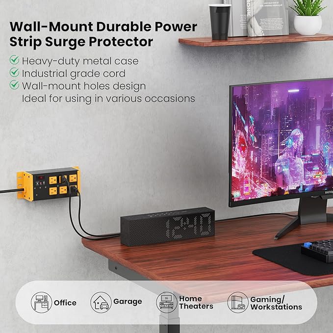 JUNNUJ Heavy Duty Power Strip Surge Protector 4800J, 6 Outlets with EMI/RFI Filtering and Noise Isolated Banks, Wall Mount Metal Multiple Plugs for Industrial Garage Shop,10FT Extension Cord Flat Plug