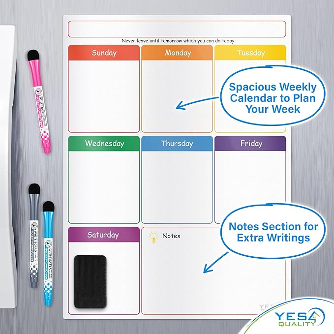 Magnetic Calendar - 16x12 Whiteboard - Dry Erase Calendar for Fridge - Monthly Refrigerator White Board Sheet with 3 Colorful Markers & Eraser, Meal Planner & Family Orgnanizer - by Yes4Quality