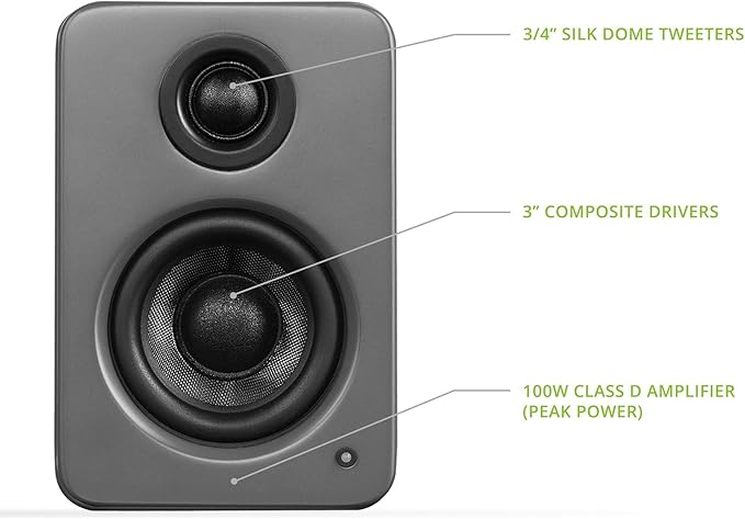 Kanto YU2MG PC Gaming Desktop Speakers | 3" Composite Drivers | 3/4" Silk Dome Tweeter | Class D Amplifier | 100 Watts | Built-in USB DAC | Subwoofer Output | Pair | Matte Grey