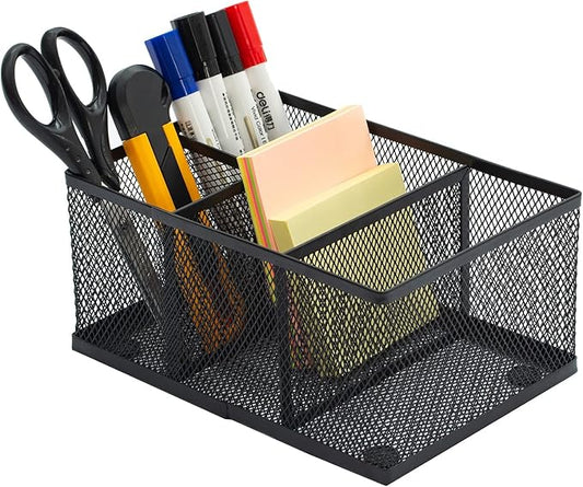 MyGift Black Metal Mesh Desk Organizer Pen Holder Pencil Holder Office Supplies Caddy with 4 Compartments