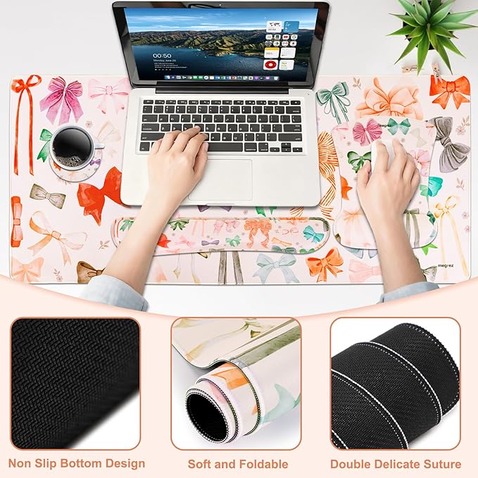 MEGREZ 4-in-1 Ergonomic Memory Foam Wrist Rest Set, Desk Pad, Mouse Pad with Wrist Rest, Keyboard Pad, Suitable for Office Workers, Programmers & Gamers–Relieve Typing & Gaming Fatigue, White Bow