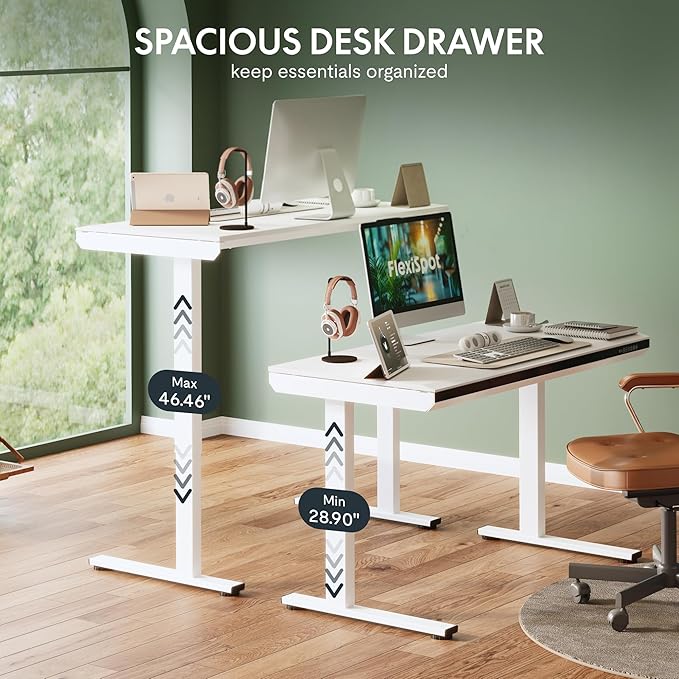 SANODESK 48" One-Piece Standing Desk with Acrylic-Front Drawer, Fast-Assembly Ergonomic Sit-to-Stand Desk with MDF Top, 4 Height Memory Presets Touch-Control, Home Office Computer Workstation, White