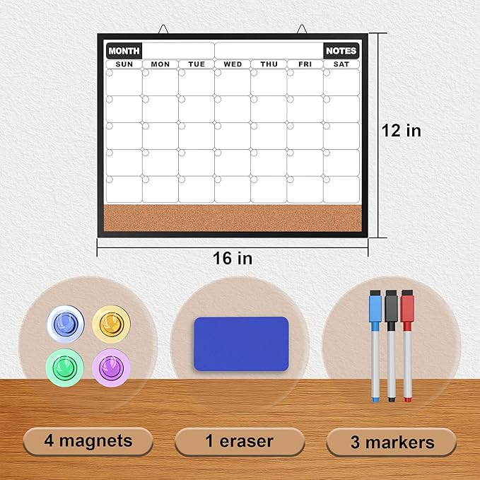 Monthly Calendar Dry Erase Board 16x12 Inch, Double-Sided Whiteboard and Corkboard Combo with Black Aluminum Frame, Wall Mounted Planner Organizer with Markers, Magnets, Push Pins, Eraser
