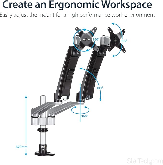 StarTech.com Desk Mount Dual Monitor Arm - Articulating - Supports VESA Monitors 12'' to 30" (19.8lb/9kg) - Adjustable - Grommet/Desk Mount - Premium - Silver, TAA (ARMDUAL30)